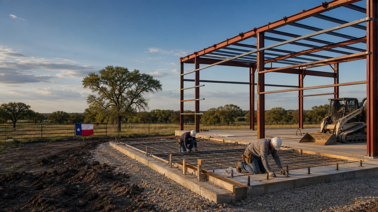Workers preparing reinforced concrete beside a steel workshop frame on a North Texas property