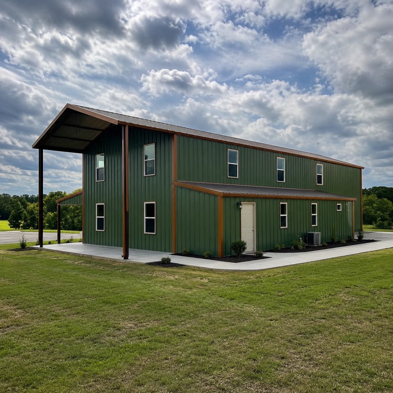 Finished two story barndominium in North Texas with dark green metal siding, a standing seam roof, covered porch, and poured concrete walkways around the slab